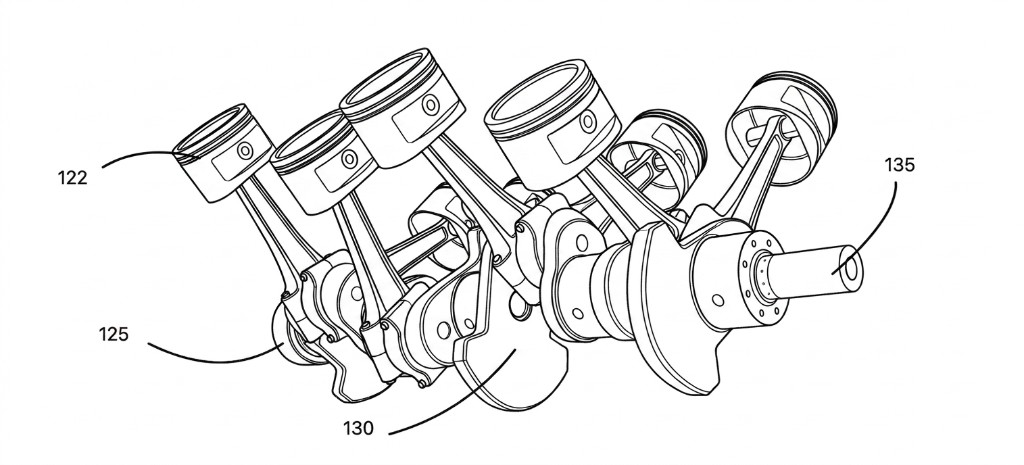 Complex mechanical patent figure of an engine piston and crankshaft assembly, generated autonomously by Esgenix with reference numerals and leader lines